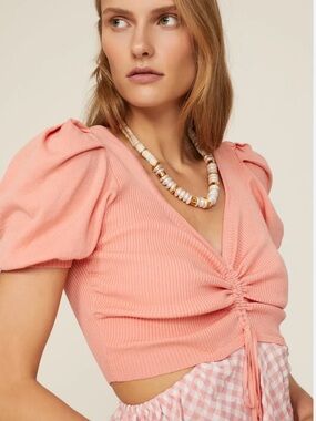 PeachRuched V-Neck Puff Sleeve Crop dress